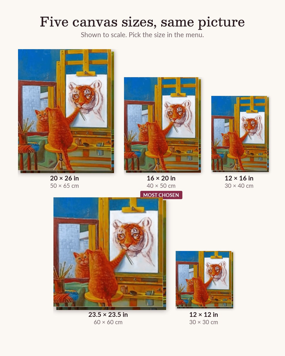 Artist Cat canvas sizes from 12 x 12 to 23.5 x 23.5 inches
