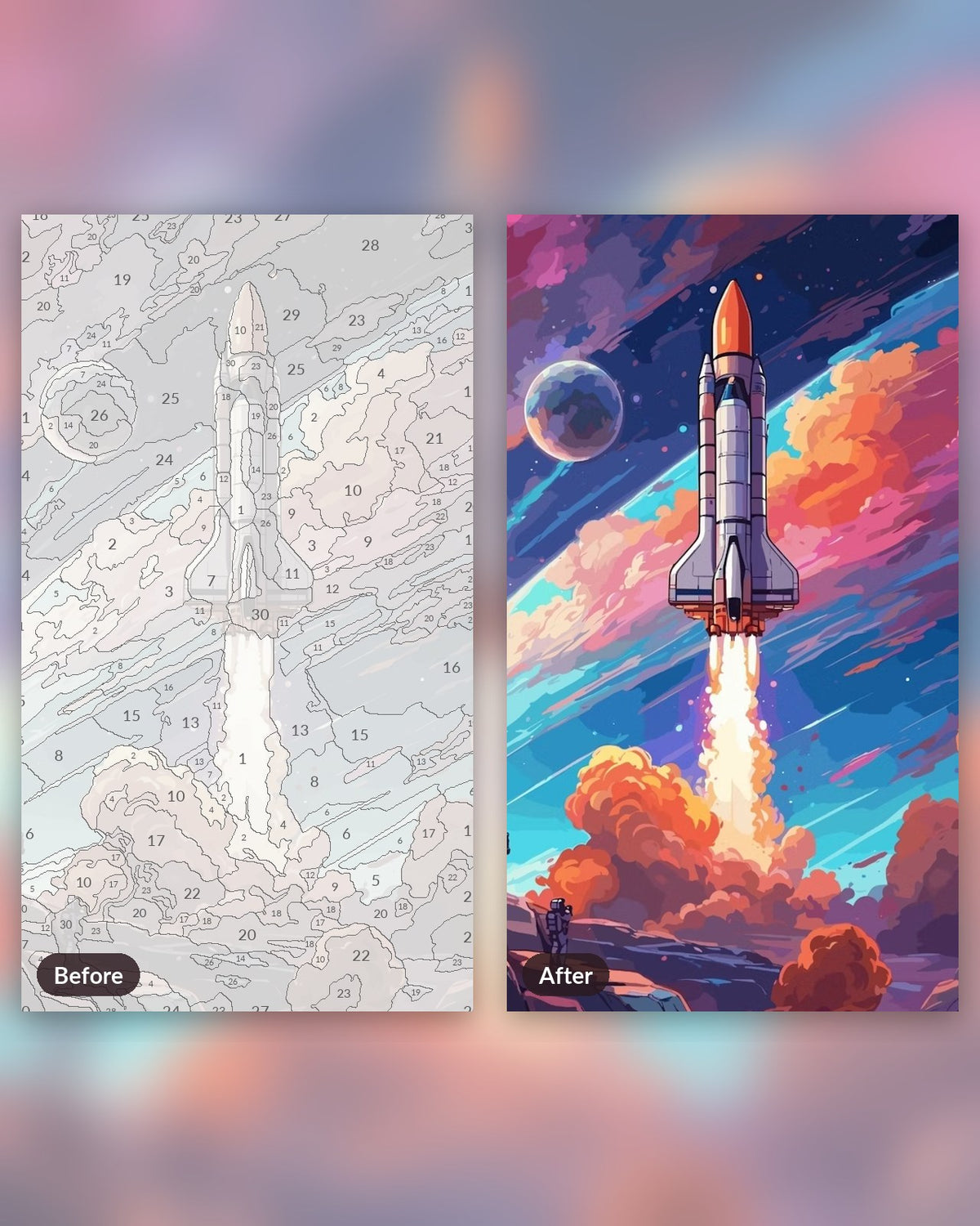 Astral Adventure paint by numbers kit, before and after