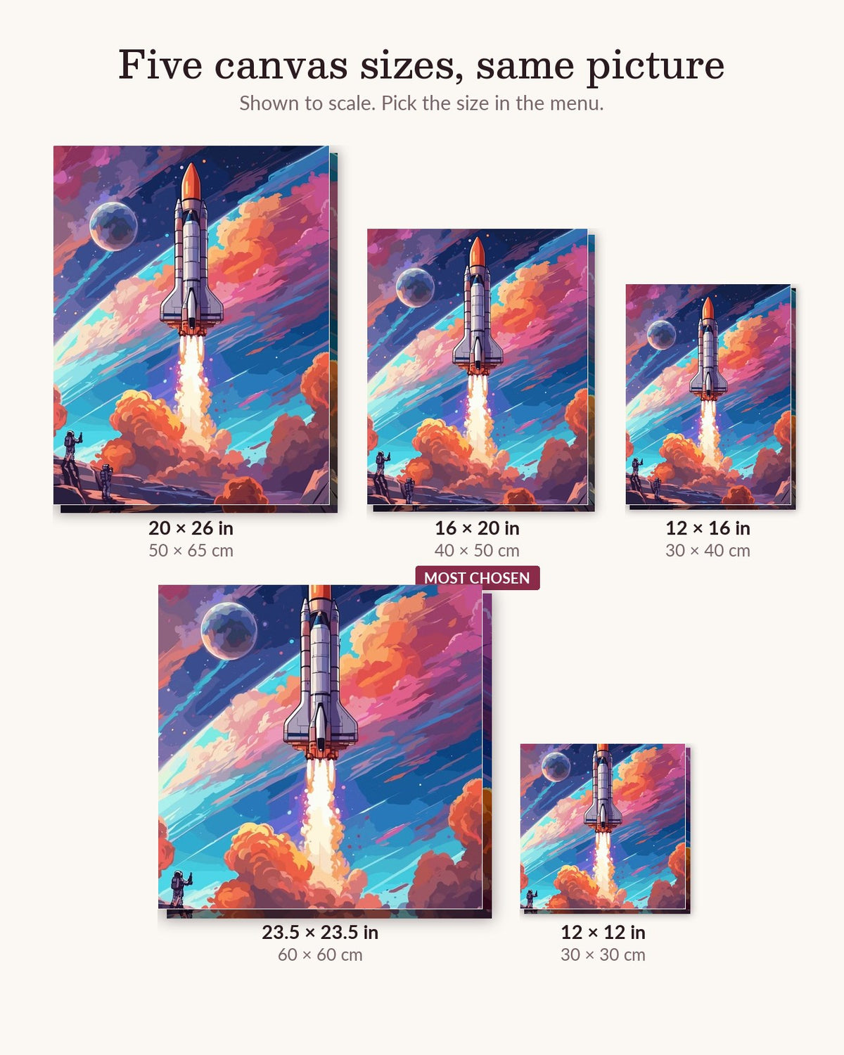 Astral Adventure canvas sizes from 12 x 12 to 23.5 x 23.5 inches