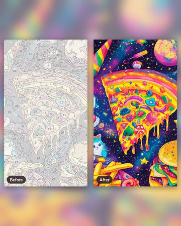 Astral Pizza Pie paint by numbers kit, before and after