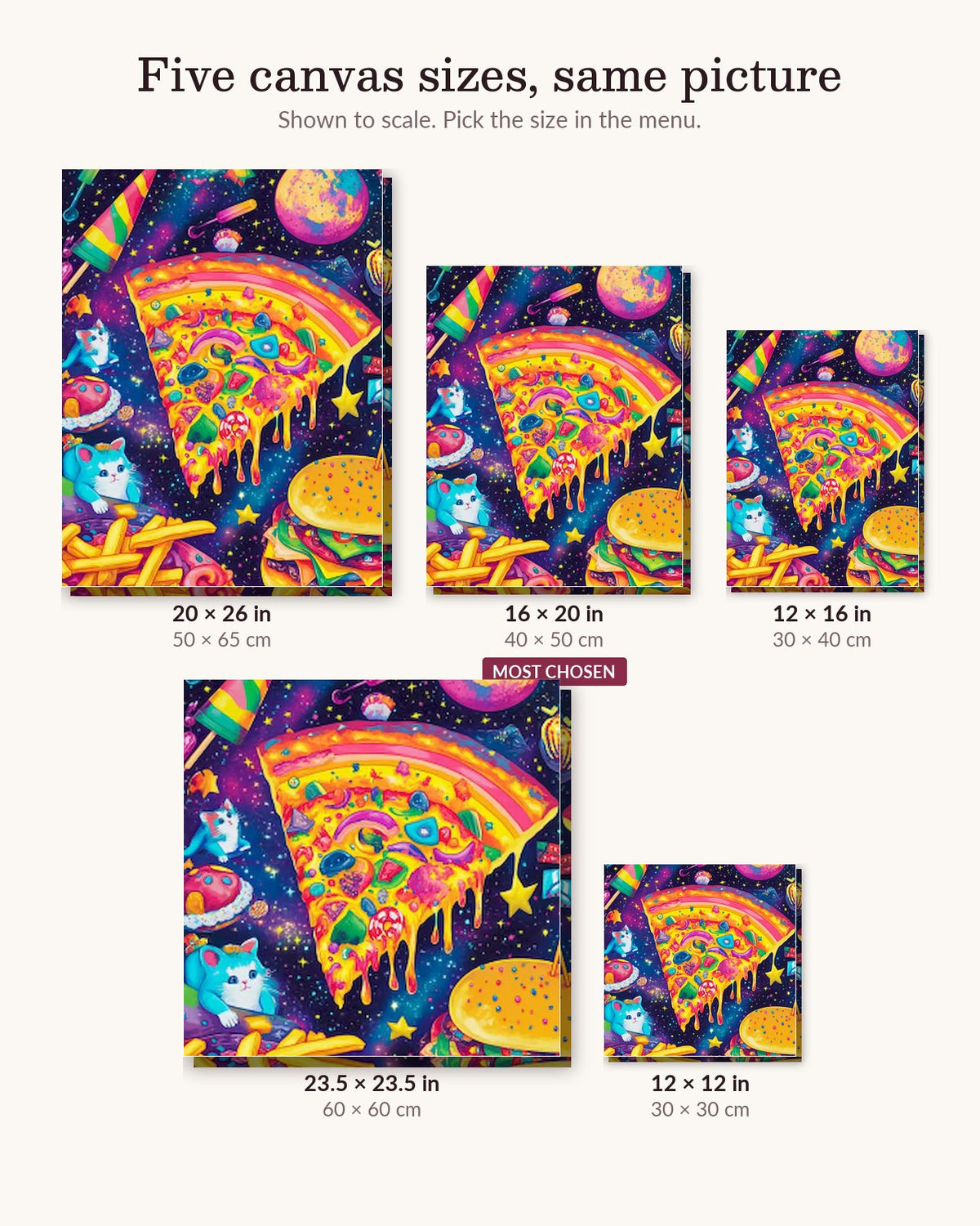 Astral Pizza Pie canvas sizes from 12 x 12 to 23.5 x 23.5 inches