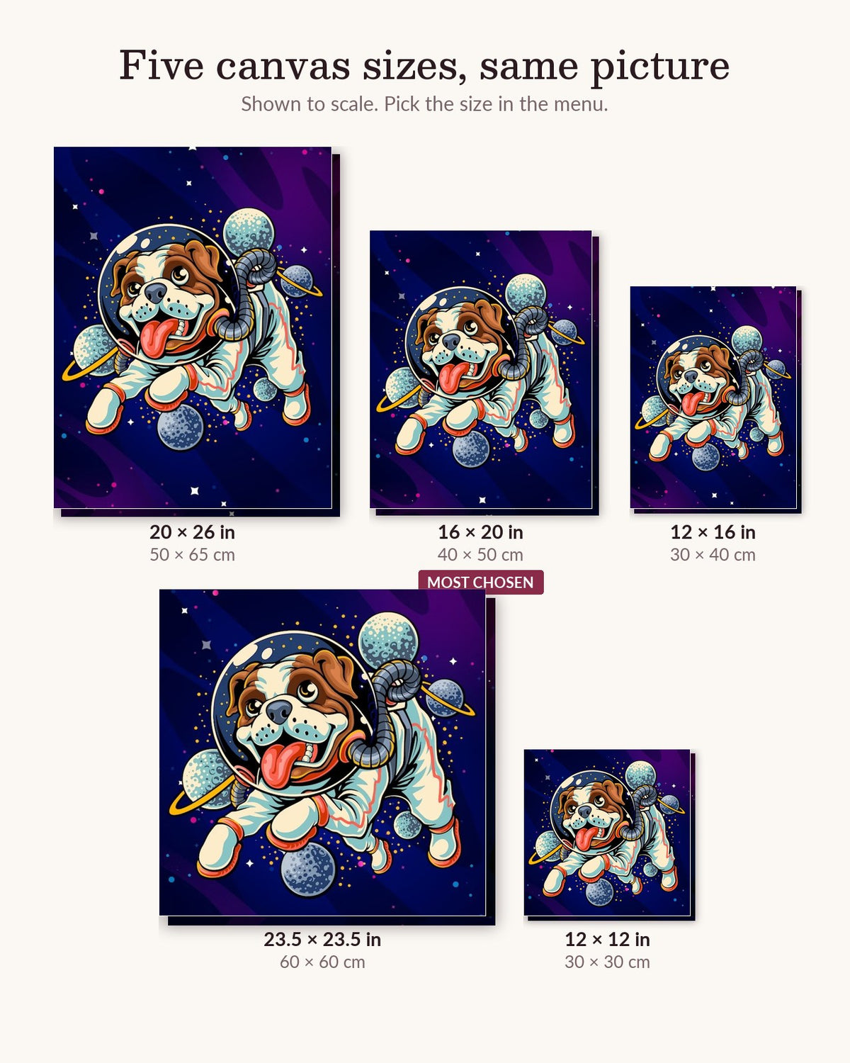 Astro Dog canvas sizes from 12 x 12 to 23.5 x 23.5 inches