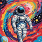astronaut in white suit floating in space in front of a rainbow nebula with planets and stars, paint by numbers kit