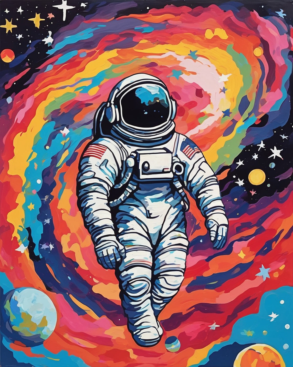 astronaut in white suit floating in space in front of a rainbow nebula with planets and stars, paint by numbers kit
