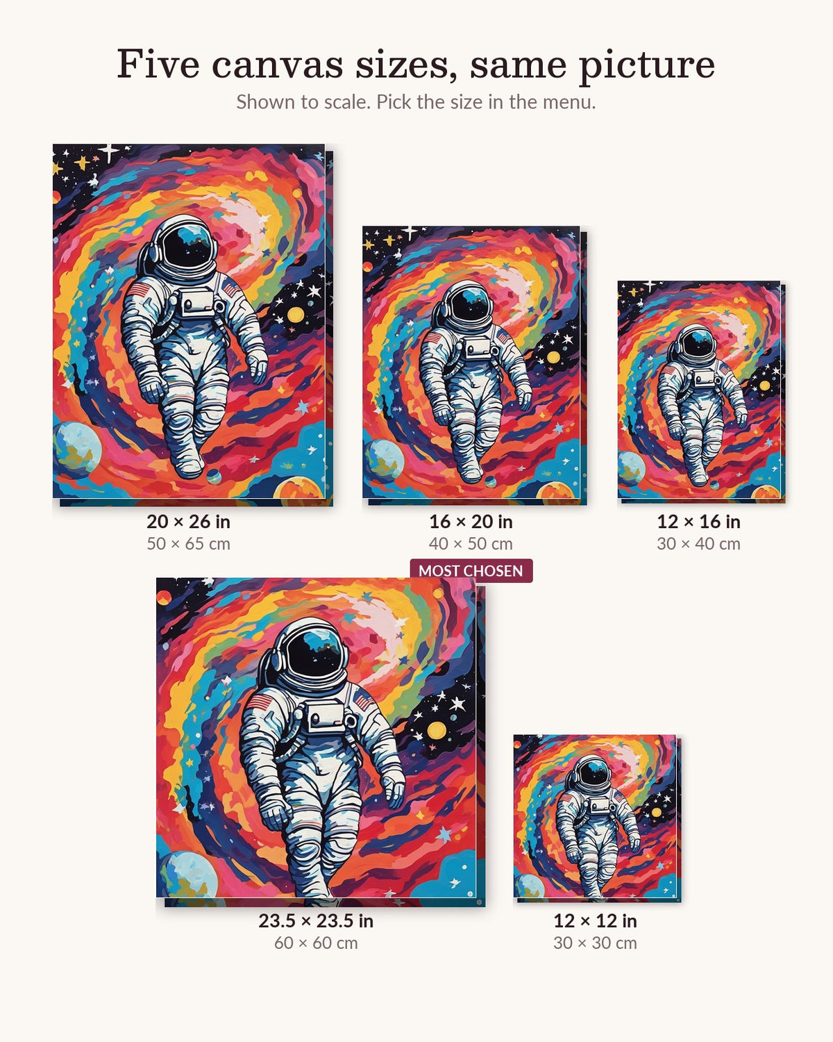 Astronaut Floating Through a Rainbow Nebula canvas sizes from 12 x 12 to 23.5 x 23.5 inches
