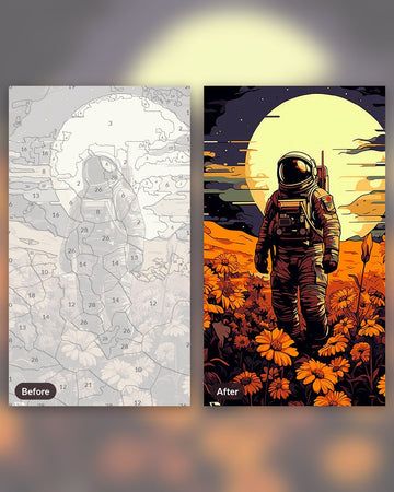 Astronaut's Harvest paint by numbers kit, before and after