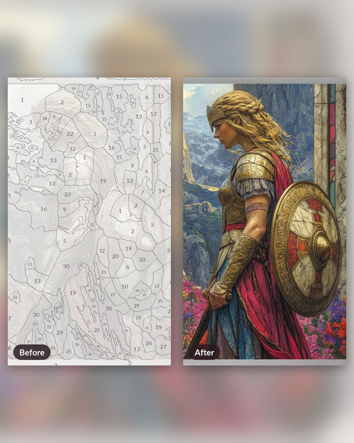 Authentic Athena paint by numbers kit, before and after