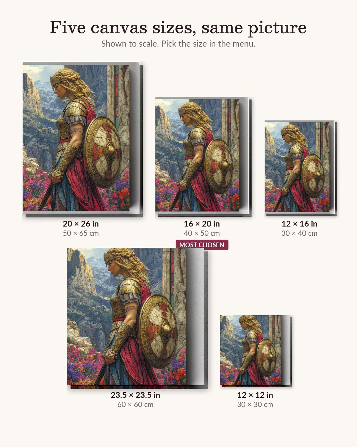 Authentic Athena canvas sizes from 12 x 12 to 23.5 x 23.5 inches