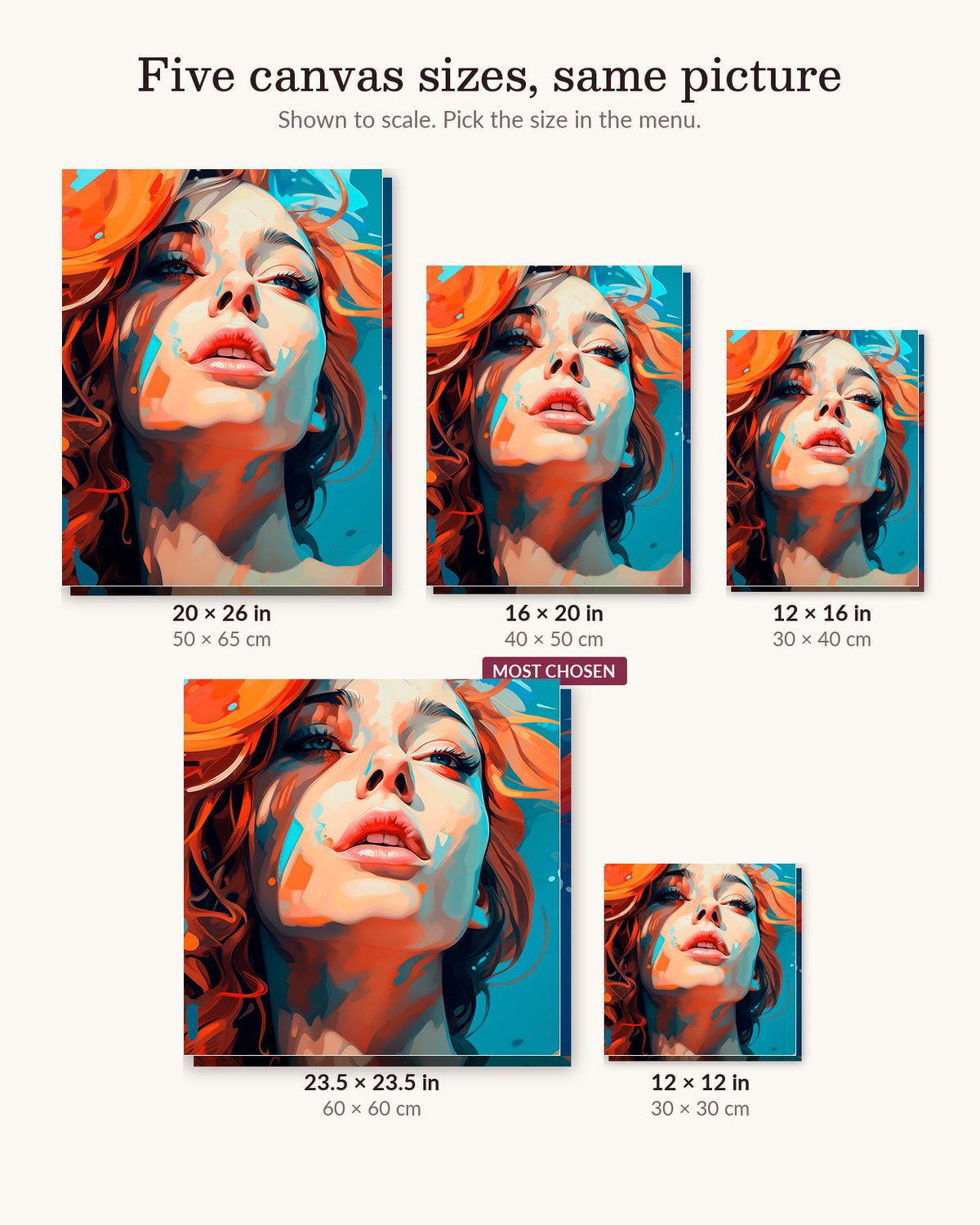 Auburn Beauty canvas sizes from 12 x 12 to 23.5 x 23.5 inches