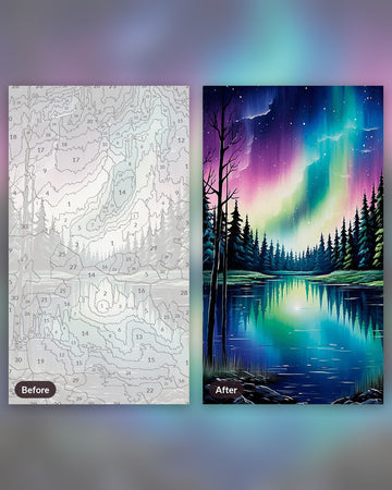 Aurora Reflections paint by numbers kit, before and after