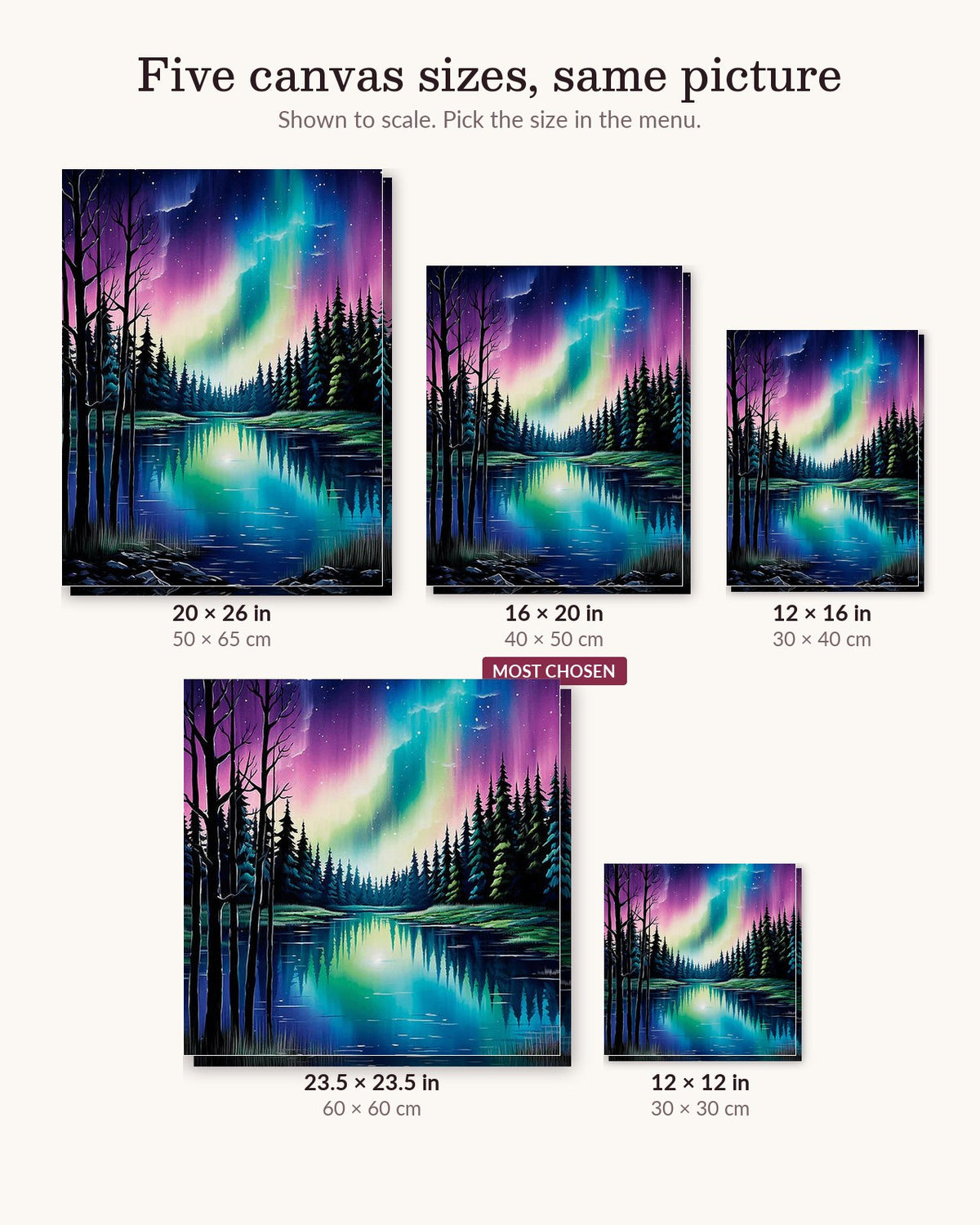 Aurora Reflections canvas sizes from 12 x 12 to 23.5 x 23.5 inches