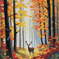buck standing in a clearing with red and gold fallen leaves and tall autumn trees, paint by numbers kit