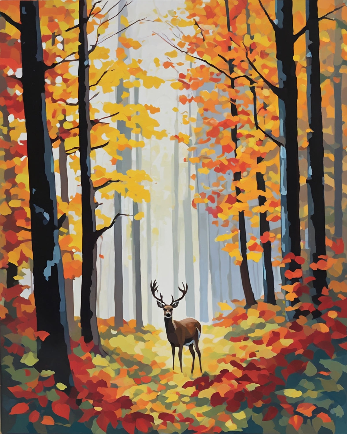 buck standing in a clearing with red and gold fallen leaves and tall autumn trees, paint by numbers kit