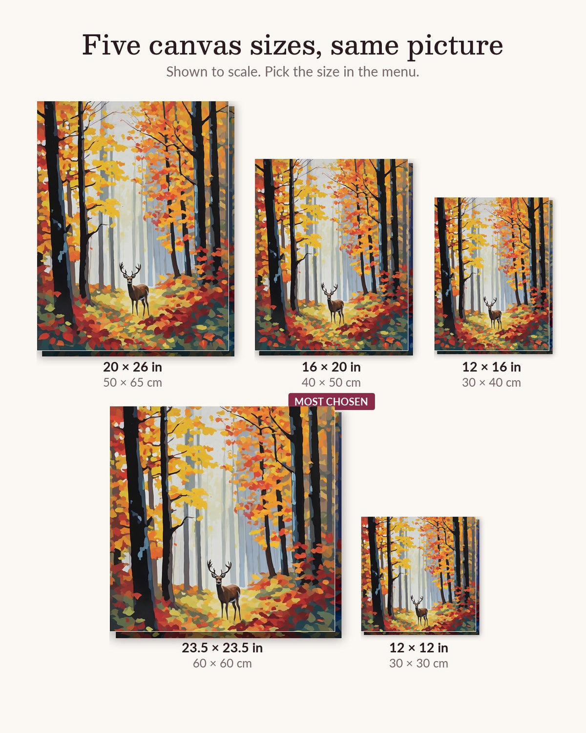 Autumn Buck in a Leafy Clearing canvas sizes from 12 x 12 to 23.5 x 23.5 inches