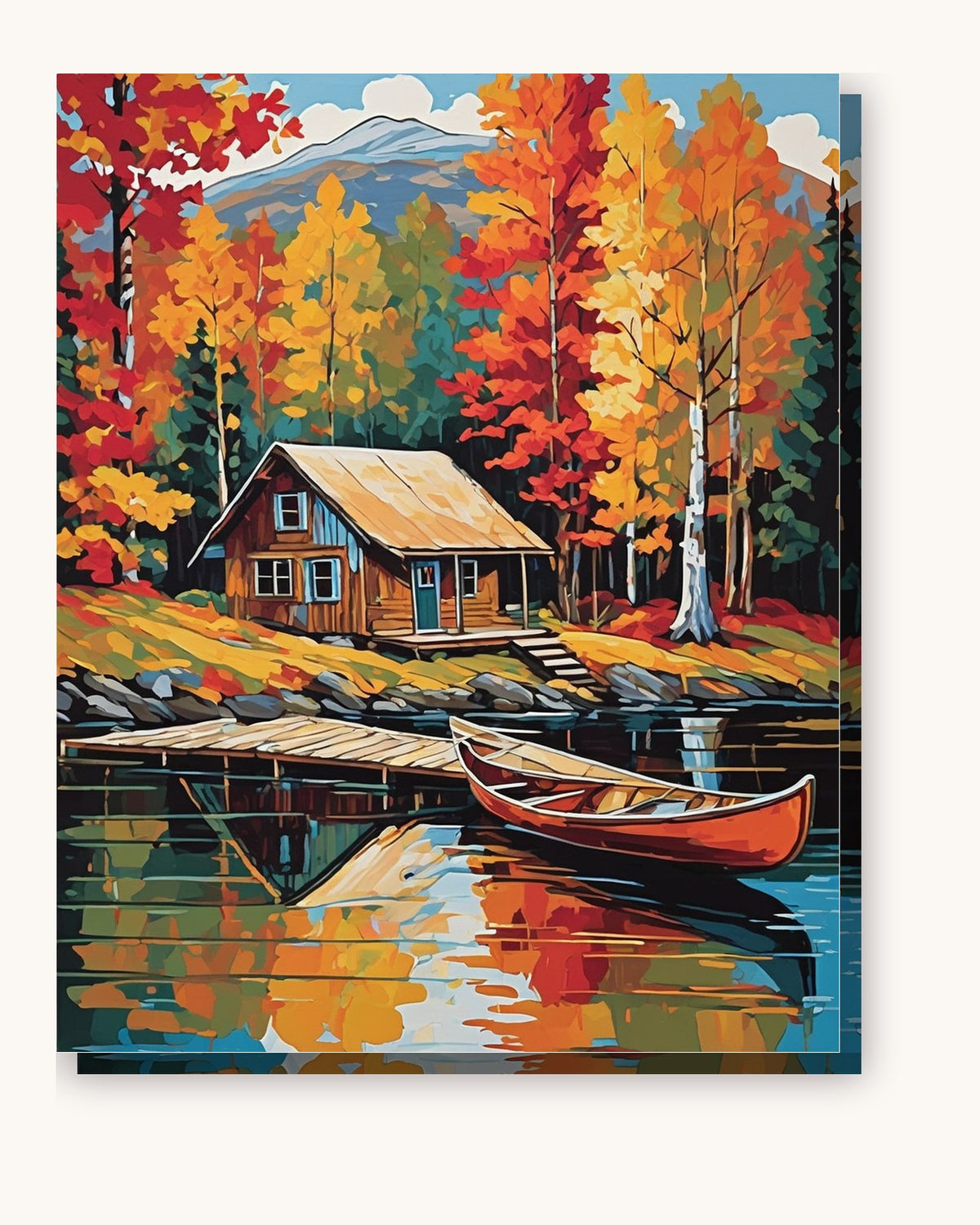 Autumn Cabin with a Red Canoe paint by numbers kit on stretched canvas