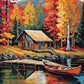 wooden cabin on a lake shore with autumn trees, a dock and a red canoe on the water, paint by numbers kit