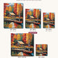 Autumn Cabin with a Red Canoe canvas sizes from 12 x 12 to 23.5 x 23.5 inches