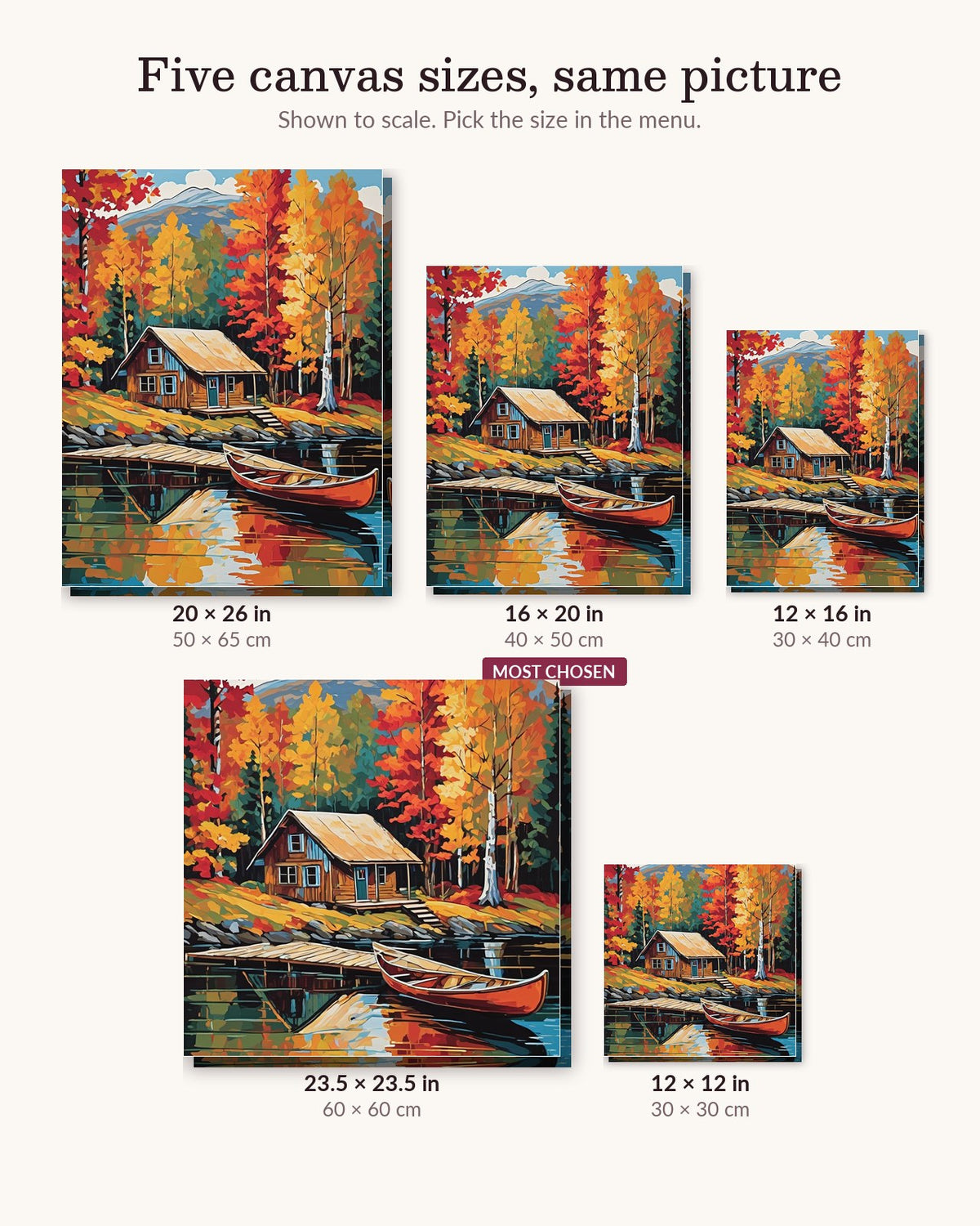 Autumn Cabin with a Red Canoe canvas sizes from 12 x 12 to 23.5 x 23.5 inches