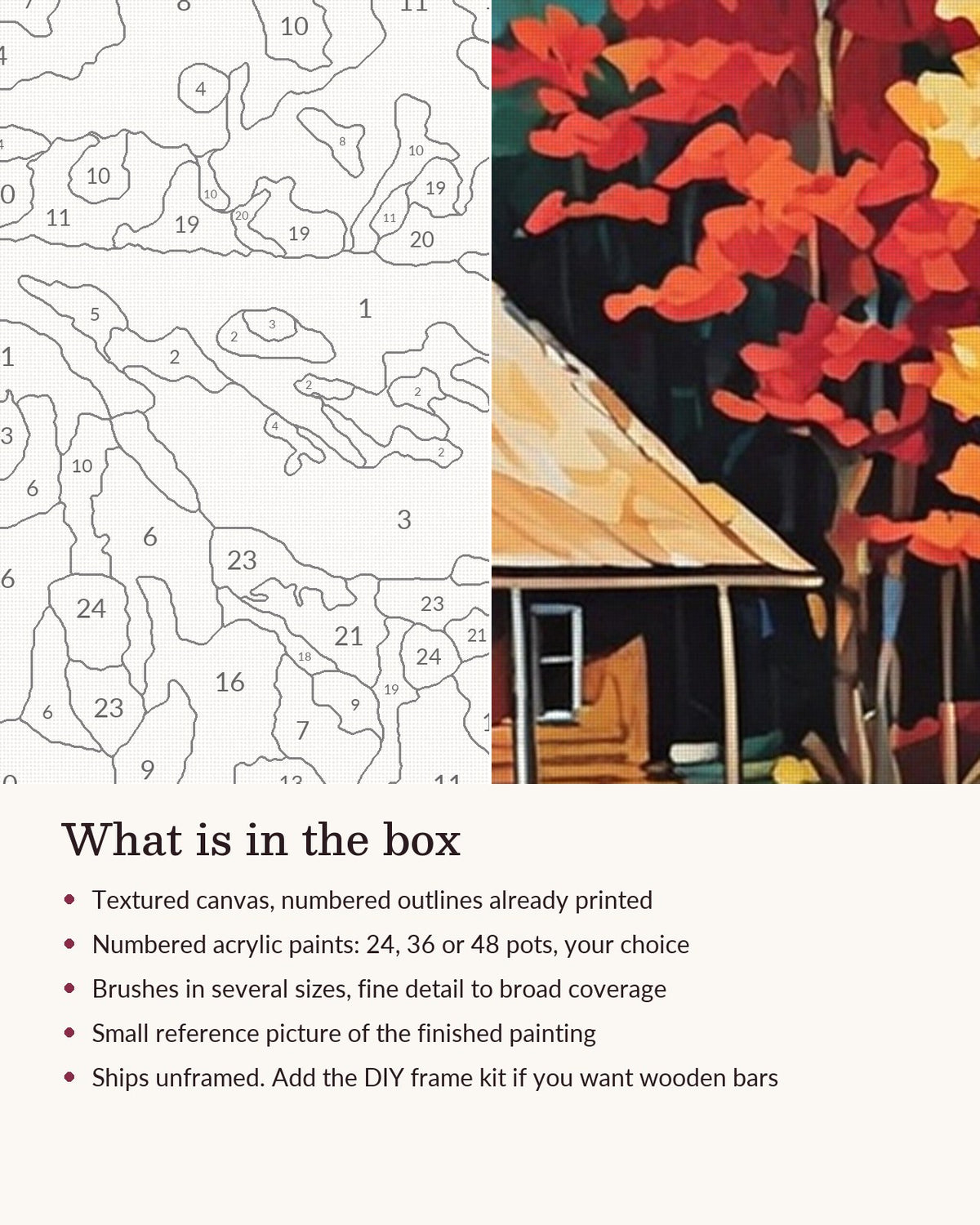 Close-up of the Autumn Cabin with a Red Canoe canvas texture and printed numbers