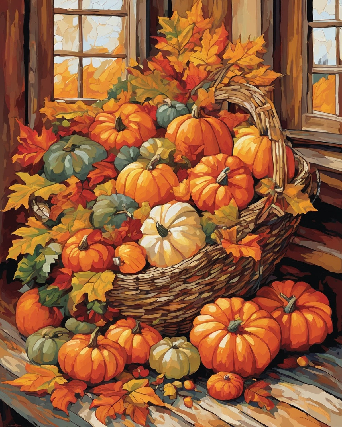 Autumn Cornucopia on the Farmhouse Table paint by numbers kit, woven basket with pumpkins and gourds