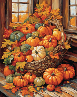 Autumn Cornucopia on the Farmhouse Table paint by numbers kit, woven basket with pumpkins and gourds