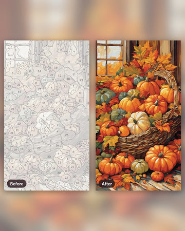 Autumn Cornucopia on the Farmhouse Table paint by numbers kit, before and after