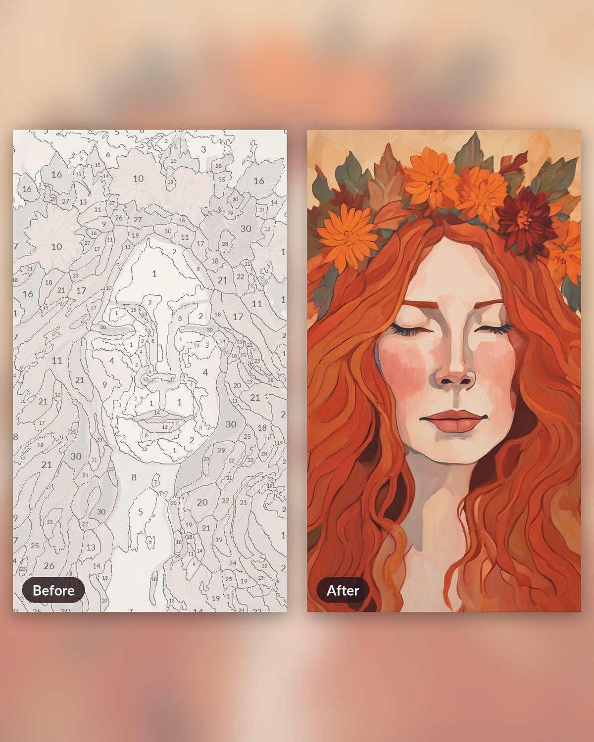 Autumn Muse paint by numbers kit, before and after
