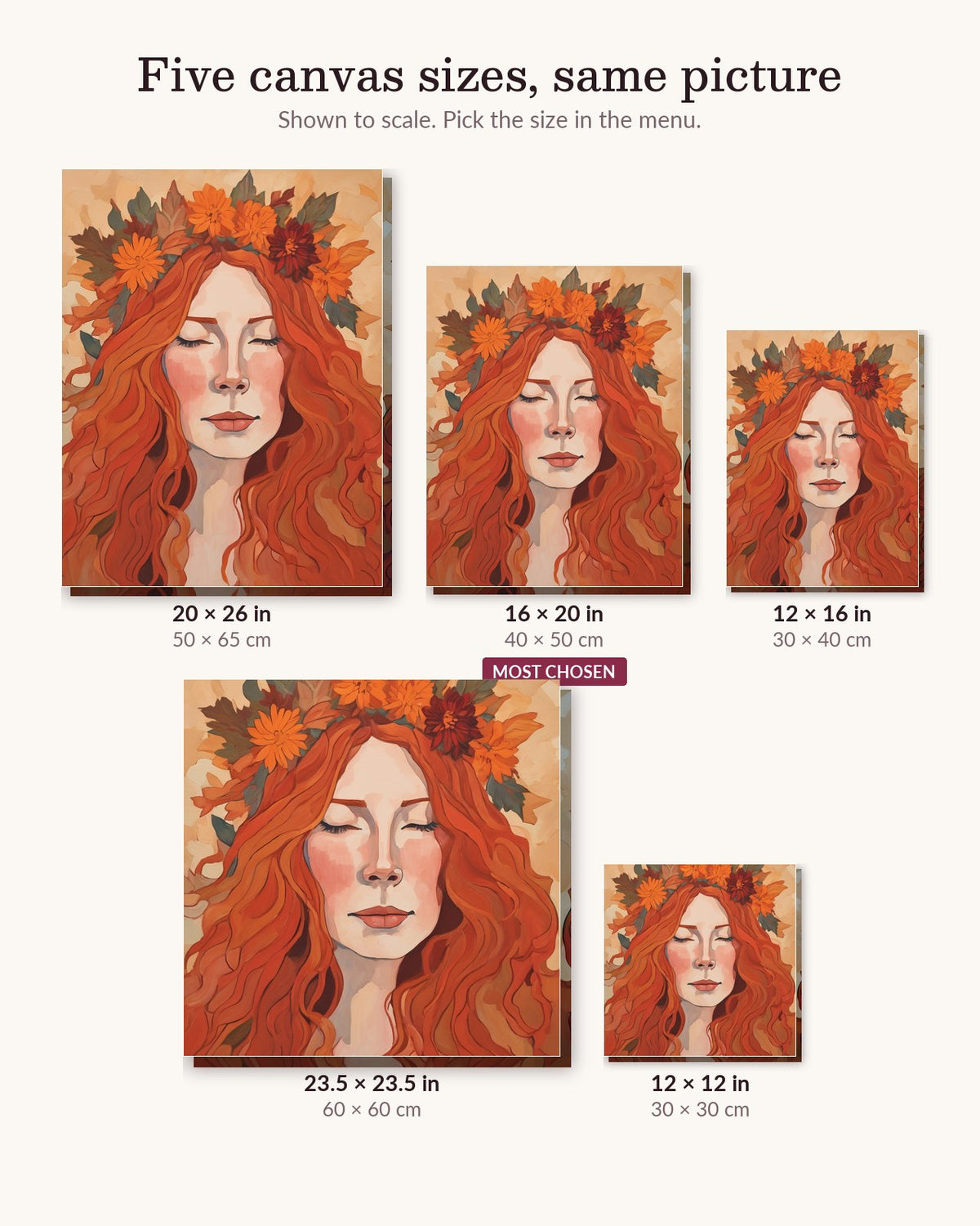 Autumn Muse canvas sizes from 12 x 12 to 23.5 x 23.5 inches