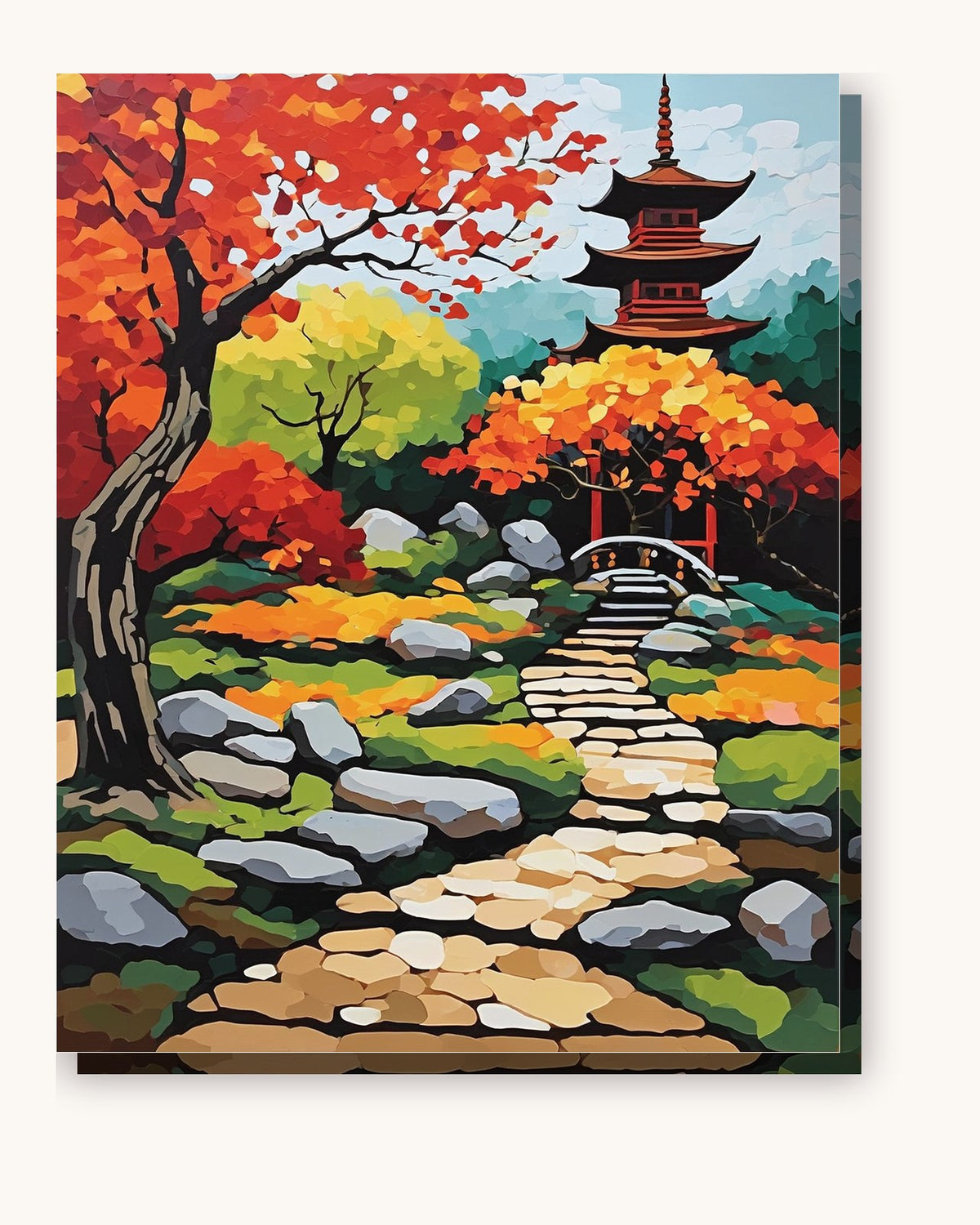 Autumn Pagoda Garden Path paint by numbers kit on stretched canvas