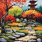 red pagoda above a stone path with gray rocks and red and orange maple trees, paint by numbers kit