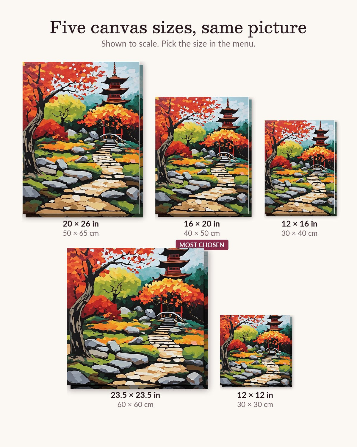 Autumn Pagoda Garden Path canvas sizes from 12 x 12 to 23.5 x 23.5 inches
