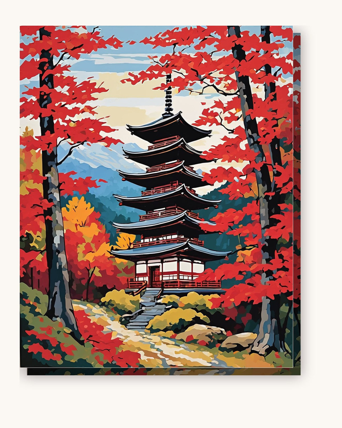 Autumn Pagoda with Red Maples paint by numbers kit on stretched canvas