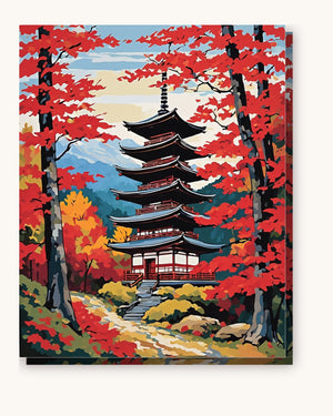Autumn Pagoda with Red Maples paint by numbers kit on stretched canvas