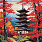 five story pagoda among red maple trees with blue mountains behind, paint by numbers kit