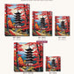 Autumn Pagoda with Red Maples canvas sizes from 12 x 12 to 23.5 x 23.5 inches