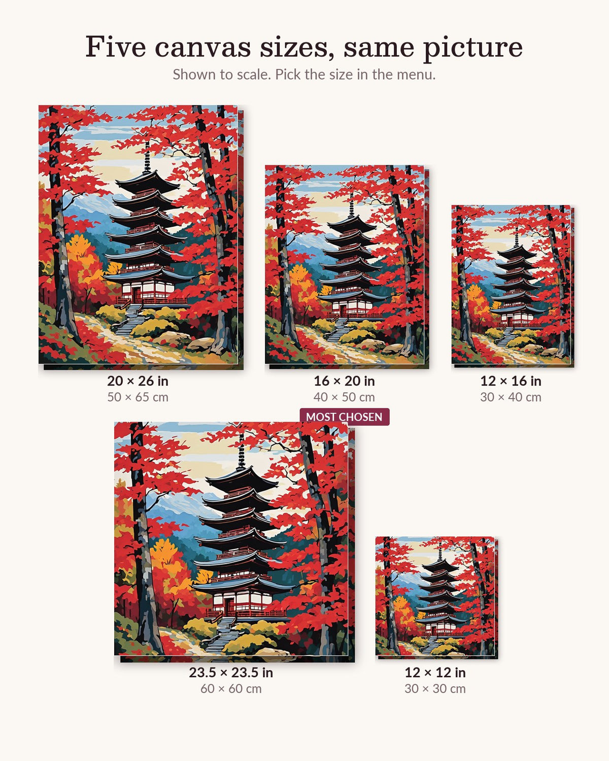 Autumn Pagoda with Red Maples canvas sizes from 12 x 12 to 23.5 x 23.5 inches