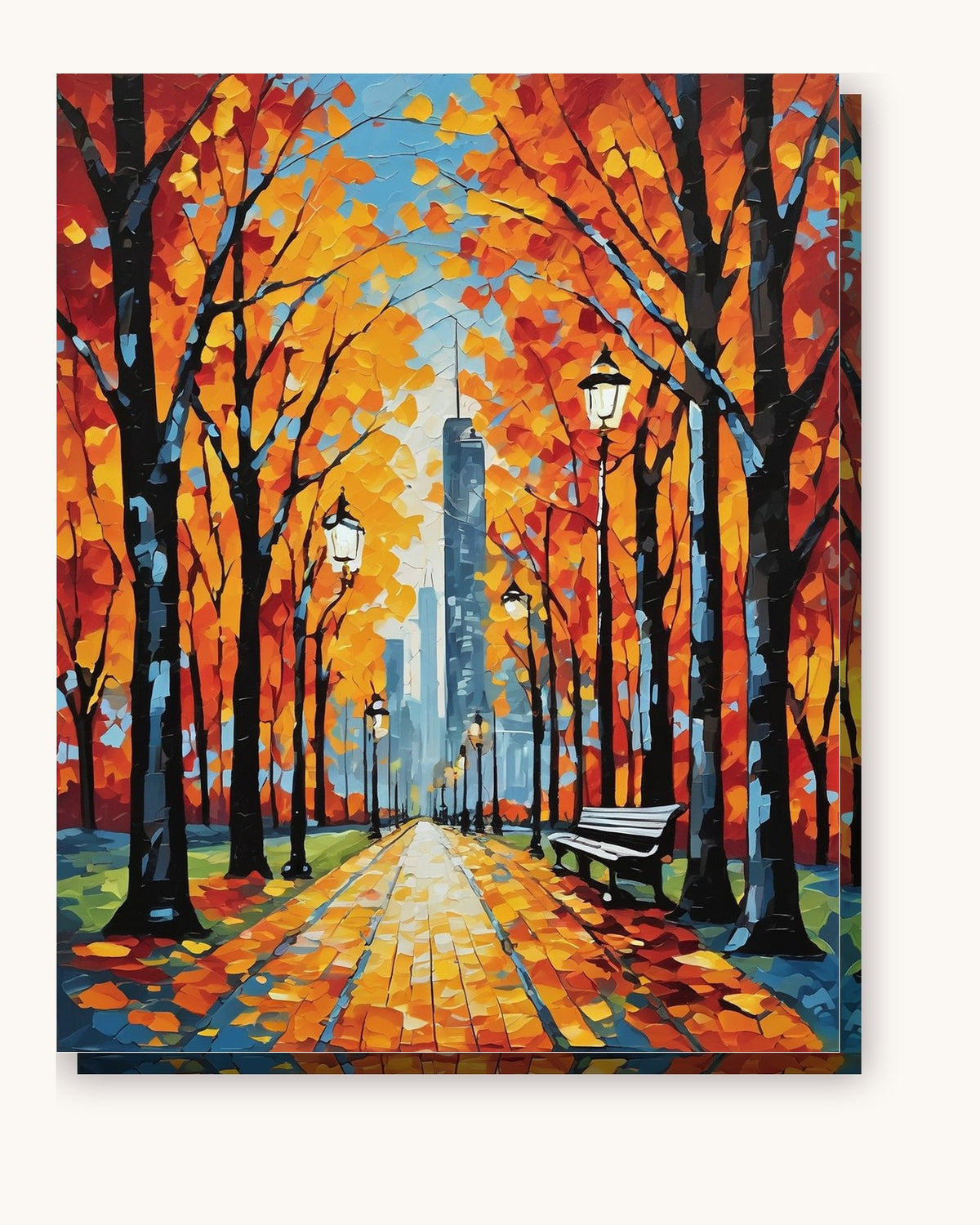 Autumn Park Path with Lamp Posts paint by numbers kit on stretched canvas