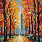 autumn park path with orange trees, lamp posts and a bench leading toward city towers, paint by numbers kit