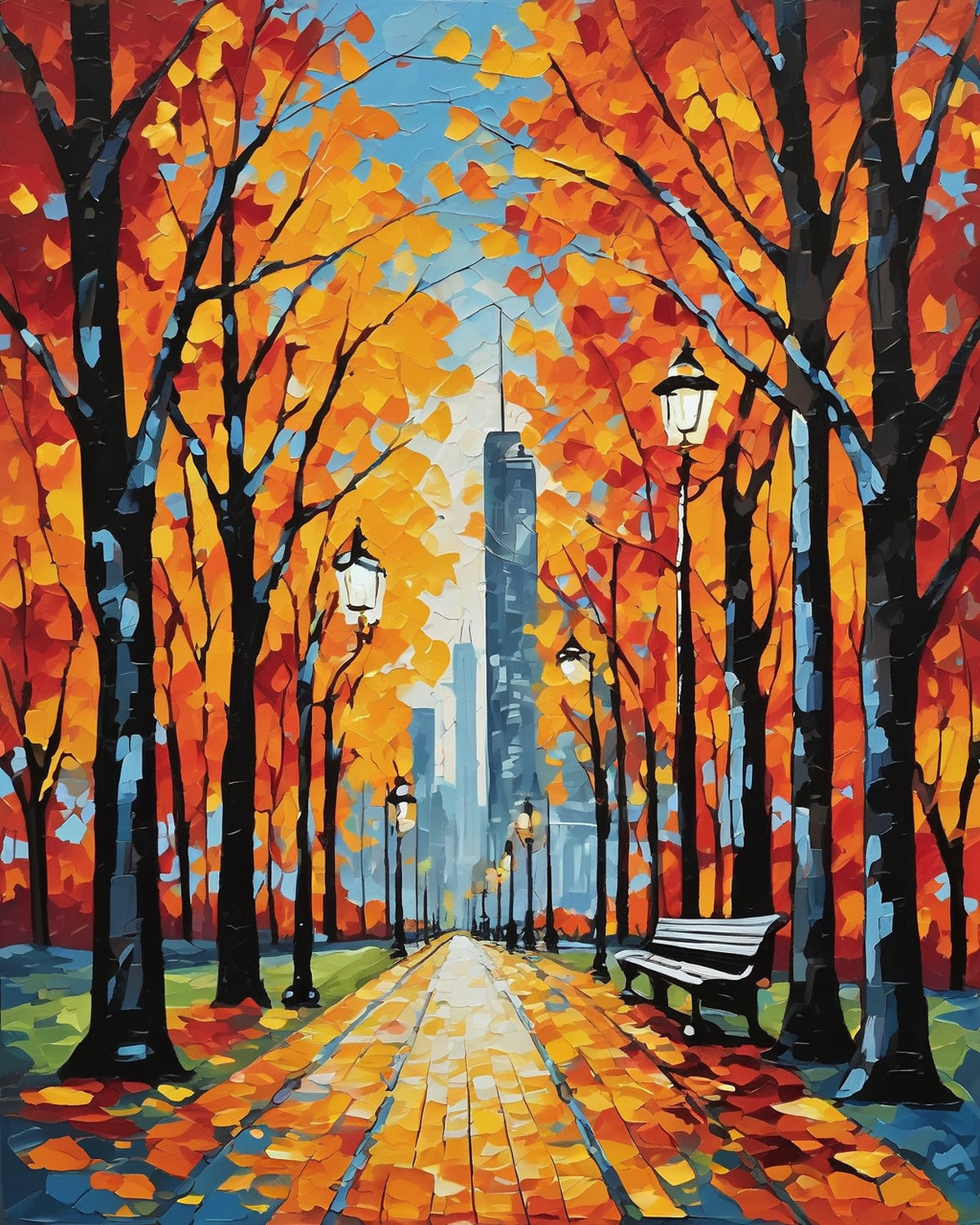 autumn park path with orange trees, lamp posts and a bench leading toward city towers, paint by numbers kit