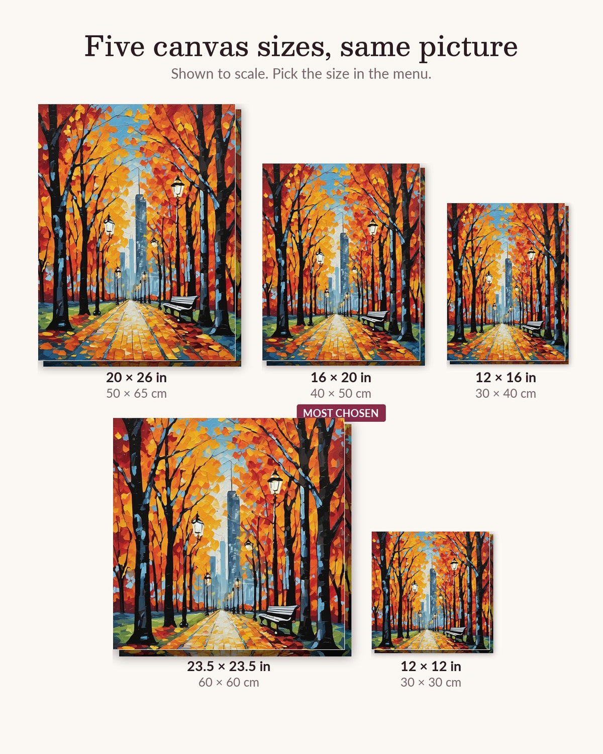 Autumn Park Path with Lamp Posts canvas sizes from 12 x 12 to 23.5 x 23.5 inches