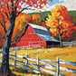 Autumn Red Barn paint by numbers kit, a red barn among orange and yellow maple trees in autumn
