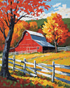 Autumn Red Barn paint by numbers kit, a red barn among orange and yellow maple trees in autumn