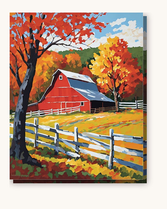 Autumn Red Barn paint by numbers kit on stretched canvas