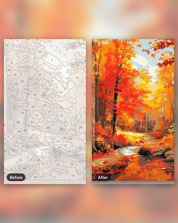 Autumn River Splendor paint by numbers kit, before and after