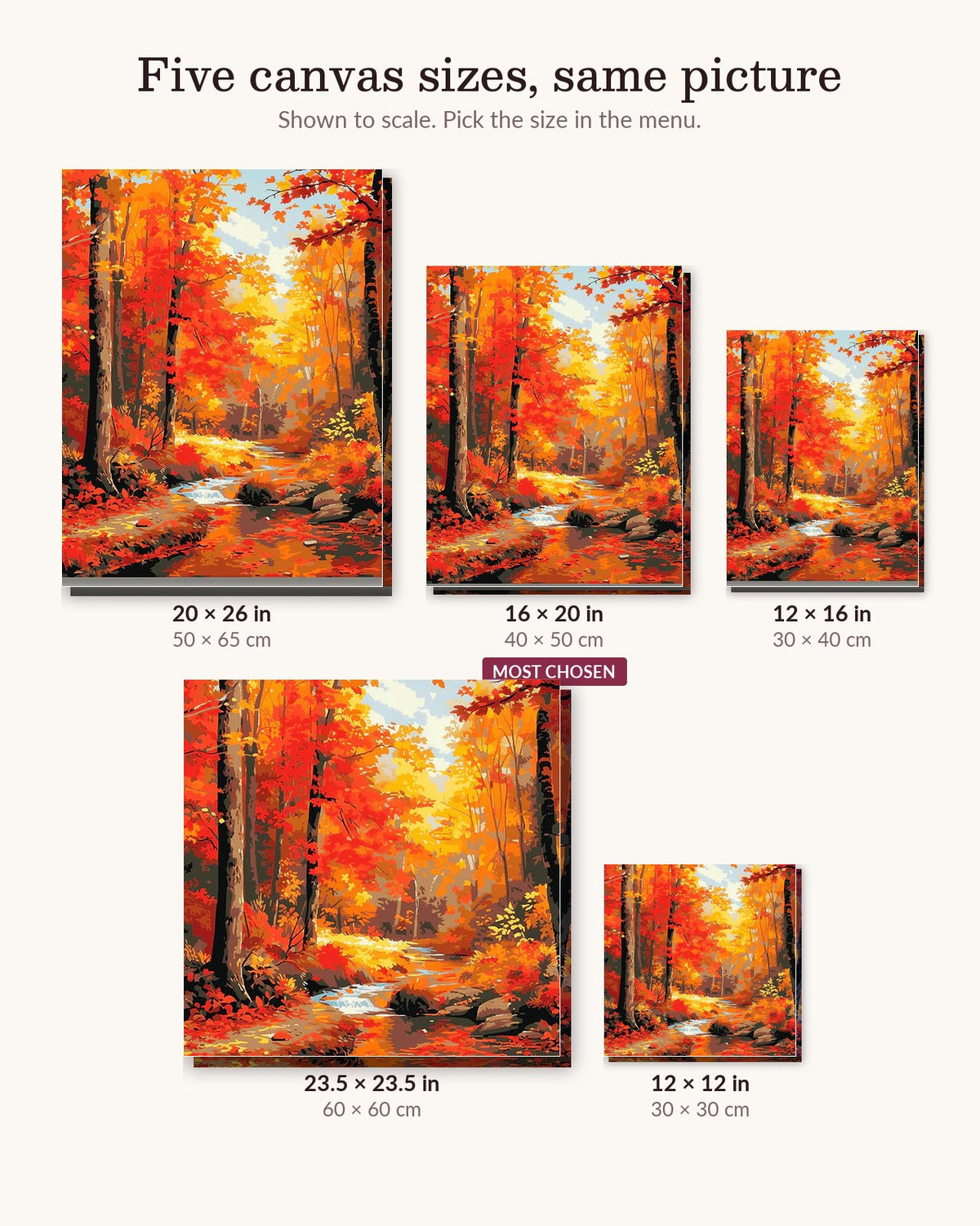 Autumn River Splendor canvas sizes from 12 x 12 to 23.5 x 23.5 inches