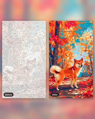 Autumn Shiba paint by numbers kit, before and after