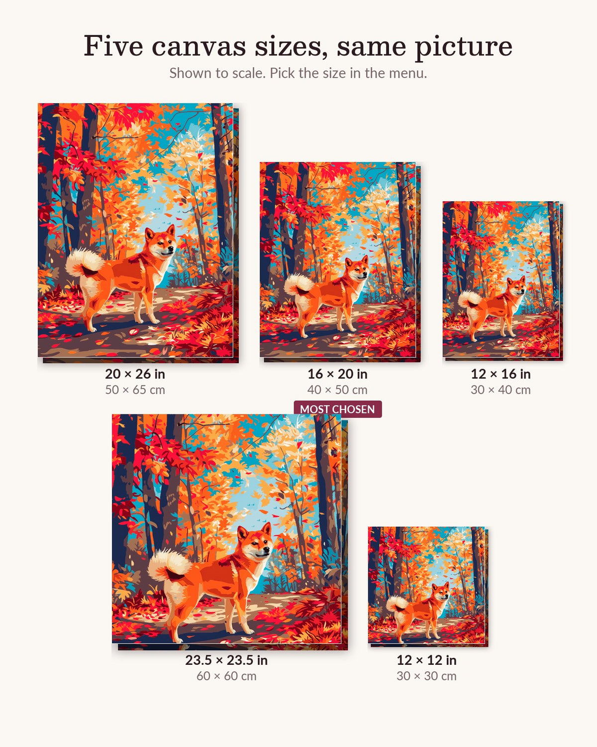 Autumn Shiba canvas sizes from 12 x 12 to 23.5 x 23.5 inches