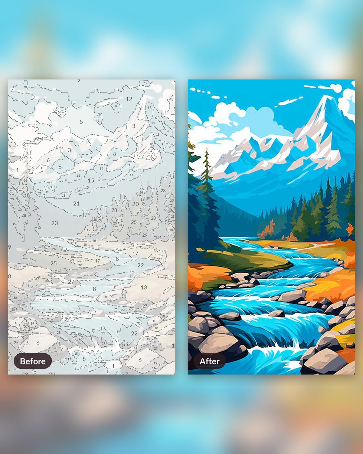 Autumn Whisper River paint by numbers kit, before and after