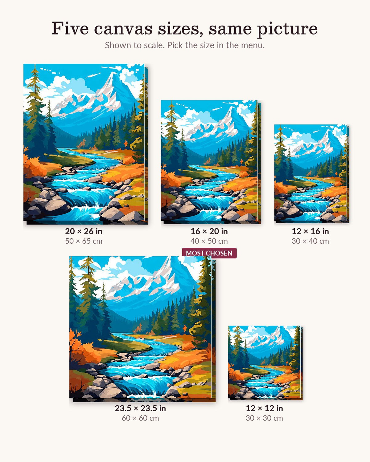 Autumn Whisper River canvas sizes from 12 x 12 to 23.5 x 23.5 inches