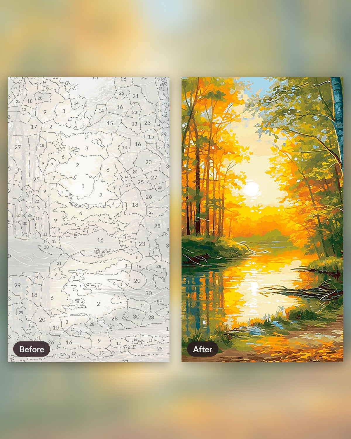 Autumn Glow paint by numbers kit, before and after